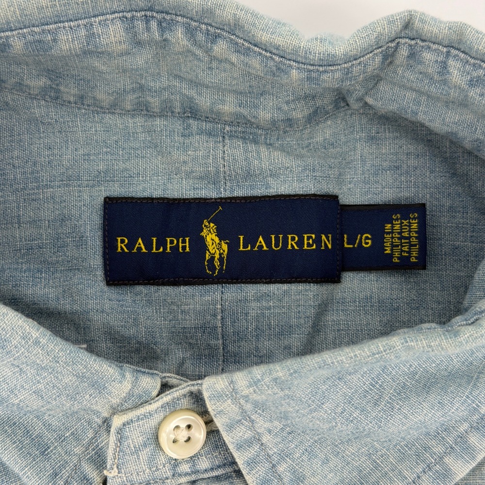 Ralph Lauren Button Down Mens Large Light Blue Chambray Denim Long Sleeve Shirt - Picture 5 of 10